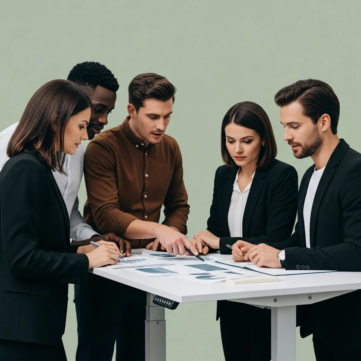 Five diverse business professionals standing around a white table reviewing printed charts and graphs, engaged in discussion and collaboration against a plain light green background.