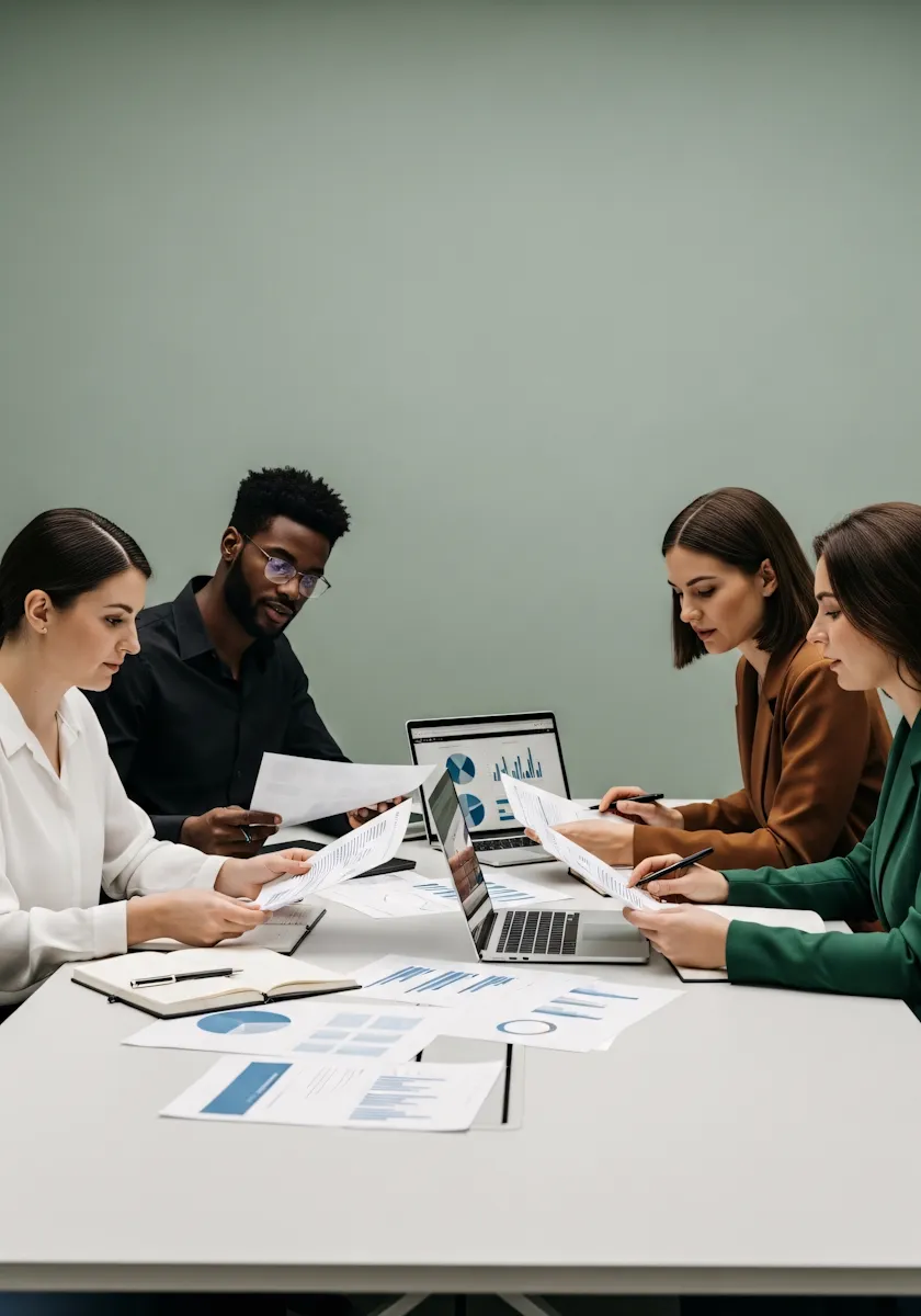 Four professionals, two men and two women, sitting at a table reviewing documents with charts and graphs, laptops open showing data visuals, collaborating in a meeting.