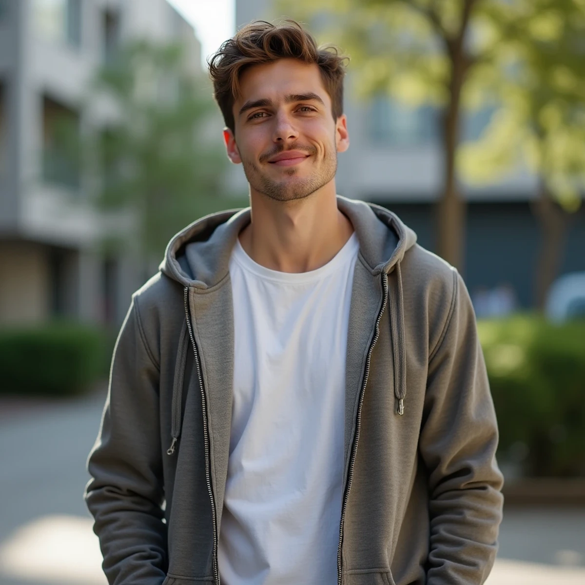 Young man with short brown hair wearing a gray zip-up hoodie over a white t-shirt, standing outdoors with a slight smile in an urban setting.