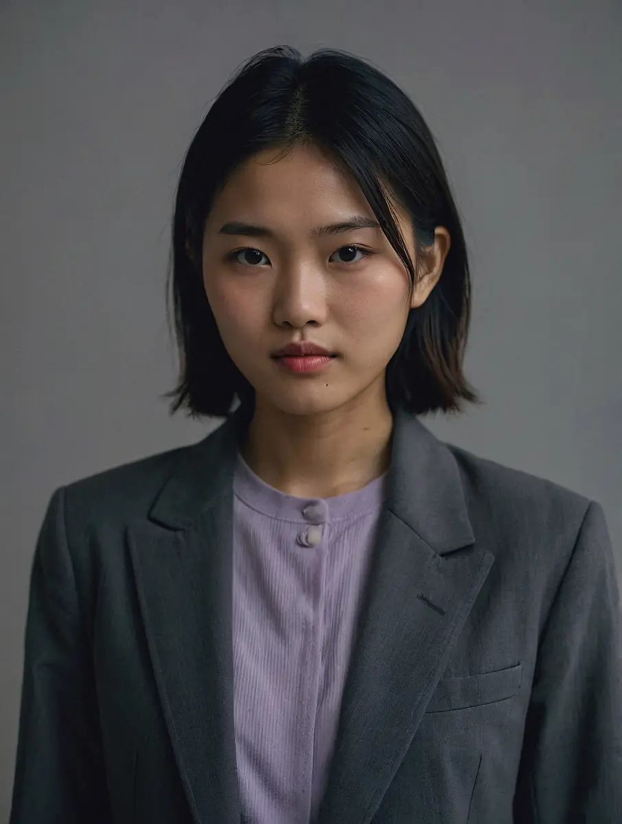 Portrait of a young woman with short black hair wearing a gray blazer over a light purple top, against a plain gray background.