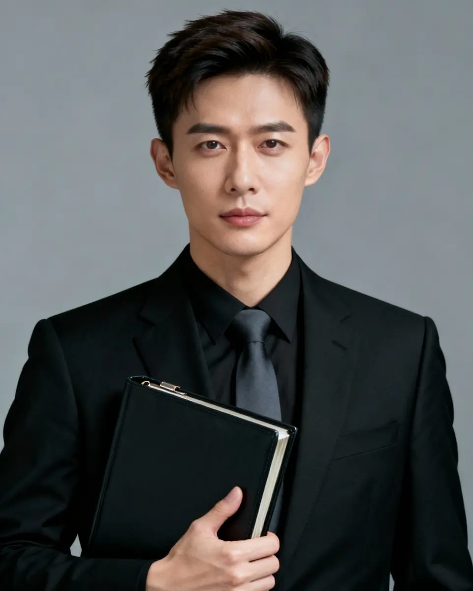 Young Asian man in a black suit and tie holding a black leather-bound notebook against a gray background.