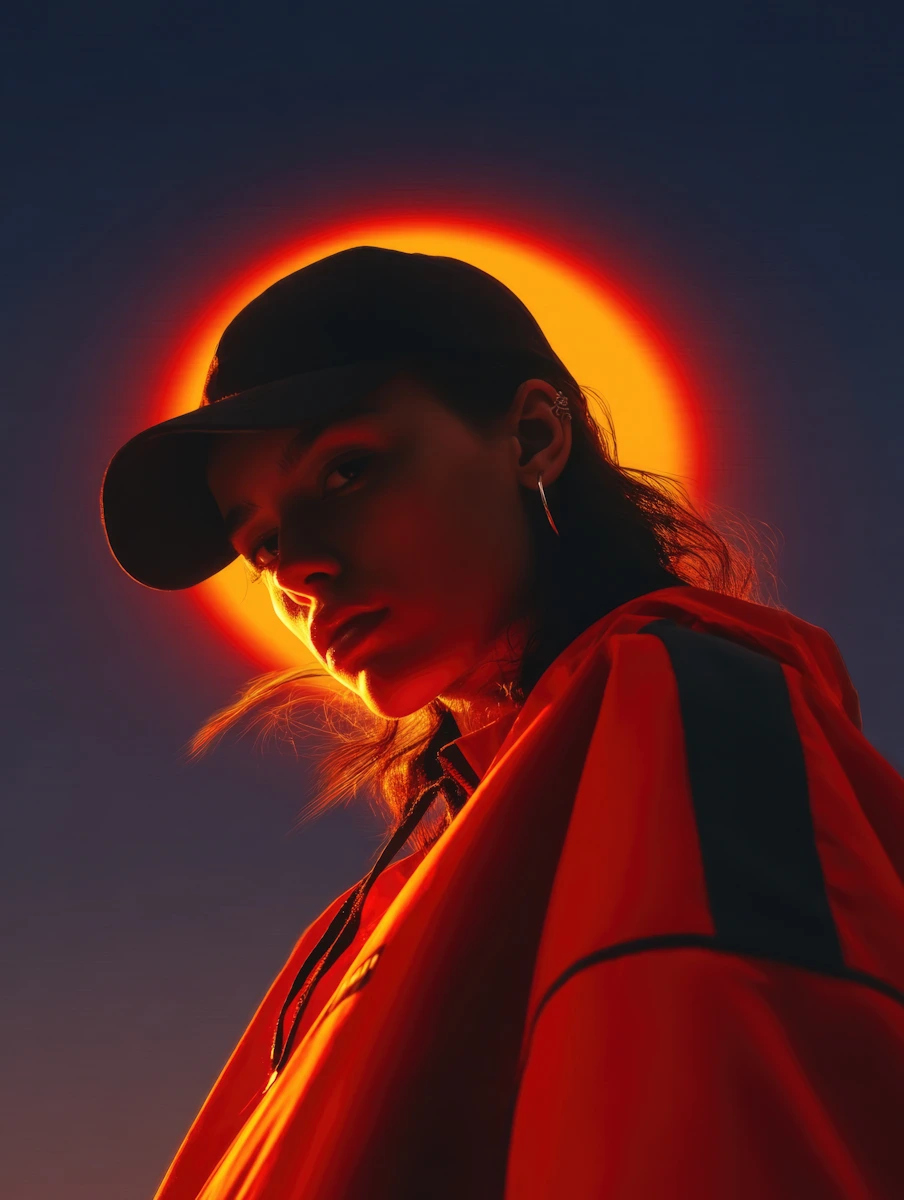 Portrait of a person wearing a black cap, hoop earring, and red jacket with black stripes, with a glowing orange halo effect behind their head against a dark background.