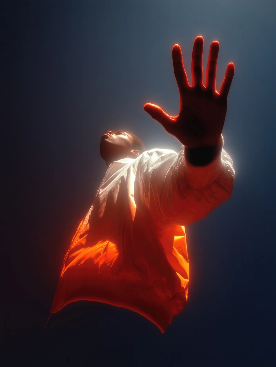 Low-angle view of a person wearing an illuminated reflective jacket reaching out with an open hand against a dark background.