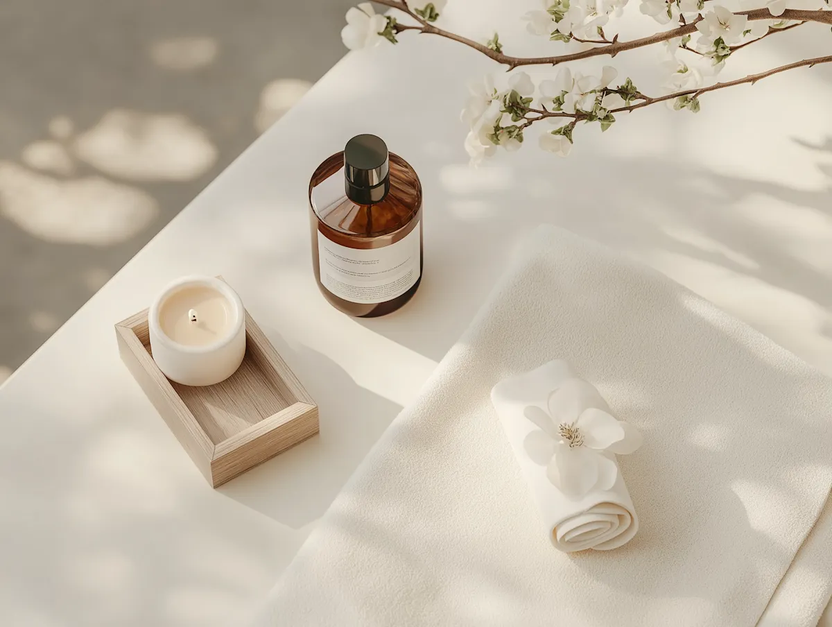 A calm and minimalistic arrangement of spa essentials under bright natural sunlight casting soft shadows.