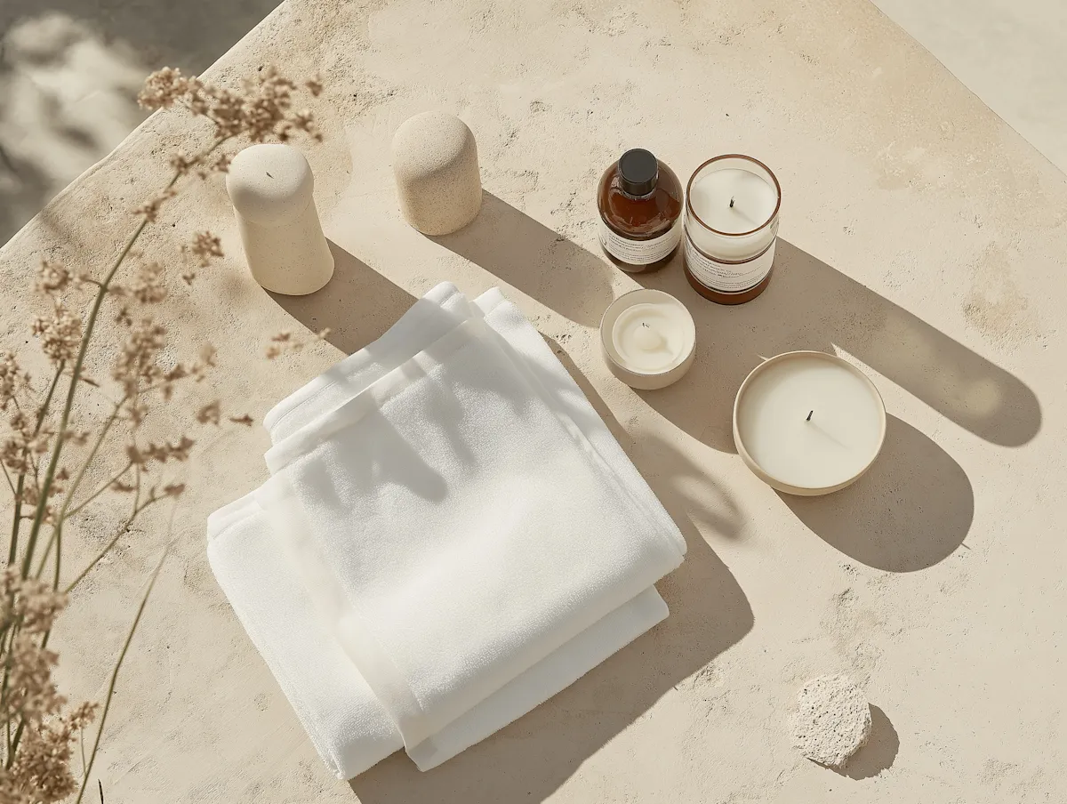 A peaceful flat lay of spa products, rolled towels, and candles arranged together on a warm, neutral surface.
