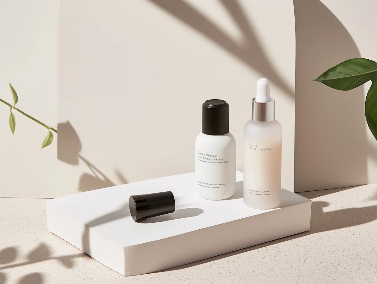 A clean and elegant product display featuring beauty items arranged on white platforms with natural lighting.