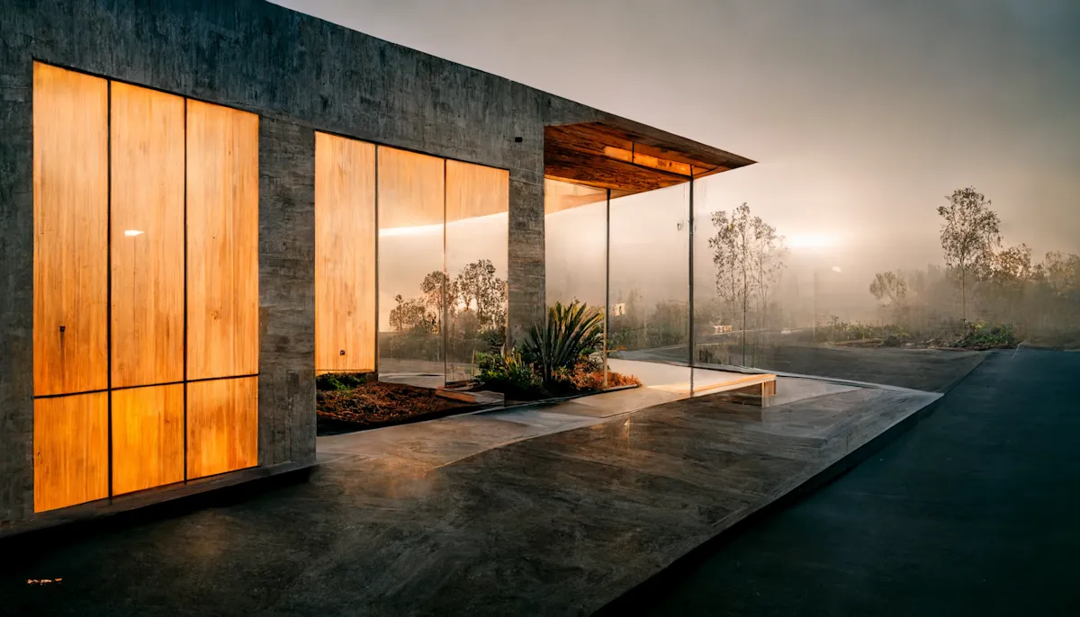 A contemporary architectural home viewed at dusk, showcasing bright interior lighting and a reflecting pool outside.