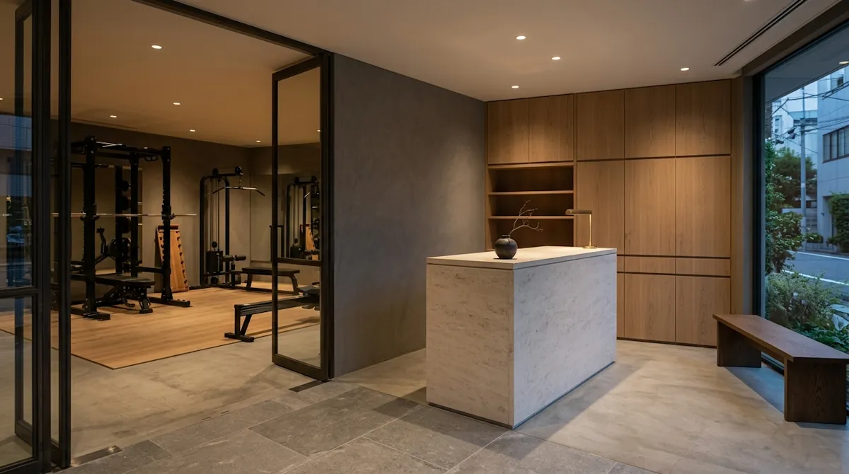 The sleek and modern reception area of a fitness gym, featuring a clean front desk and warm ambient lighting.