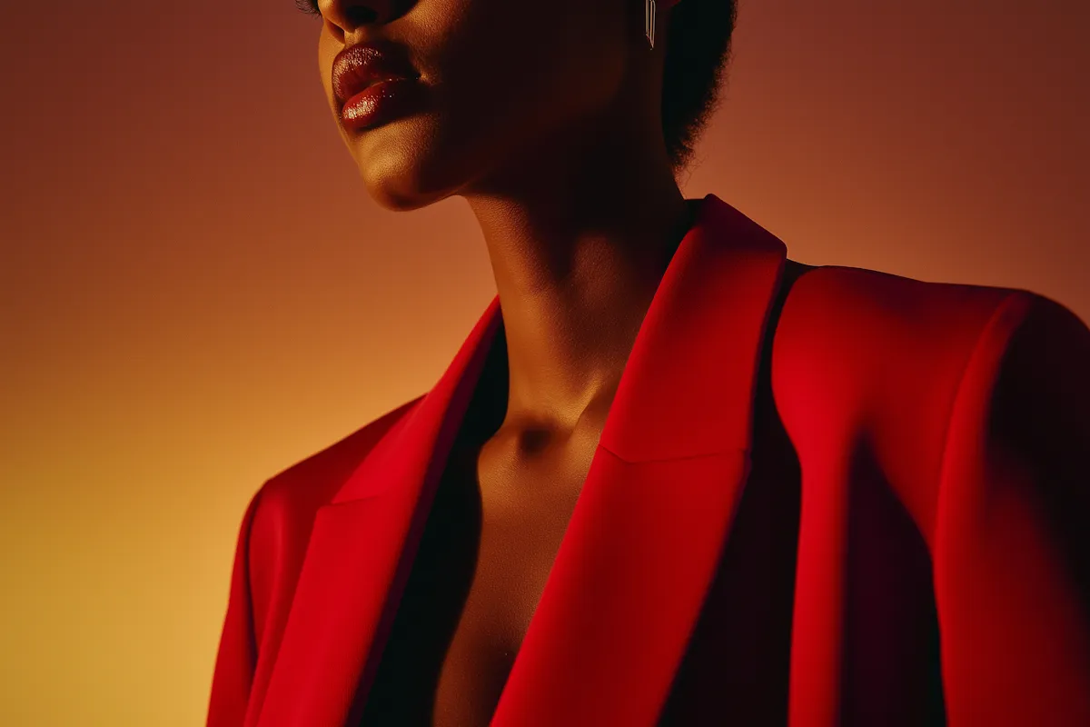 A profile portrait of a model wearing a striking red blazer against a dramatic, warm-toned lighting background.
