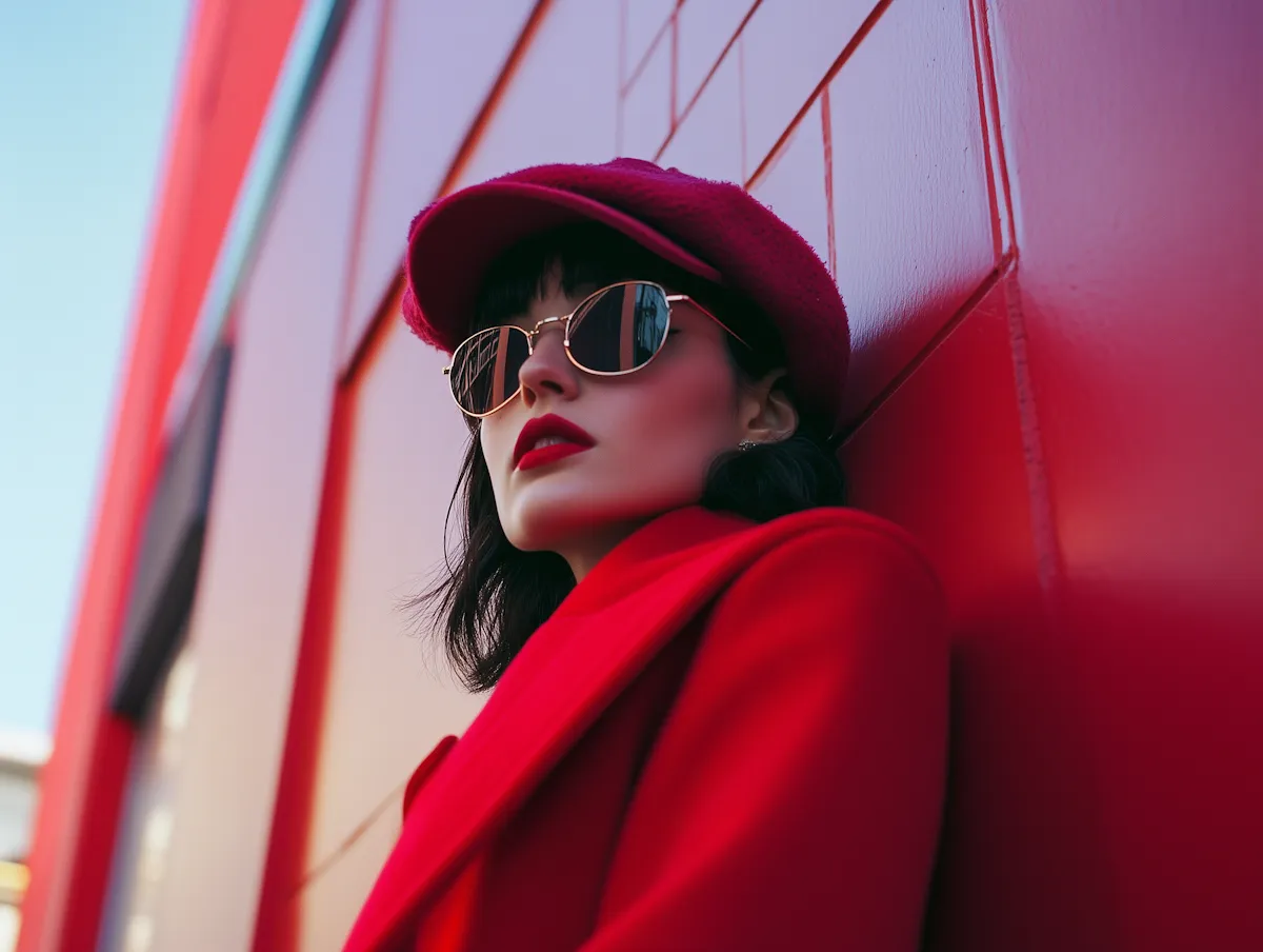 A stylish woman dressed in an all-red outfit and matching hat, posing in front of a bright red wall background.
