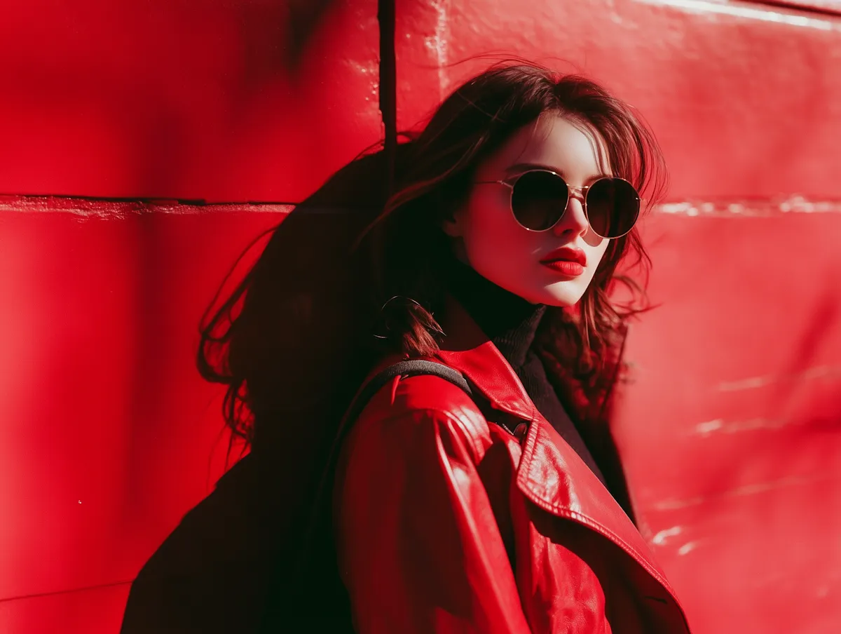 A close-up portrait of a long-haired woman wearing red attire and sunglasses against a deep red-toned background.