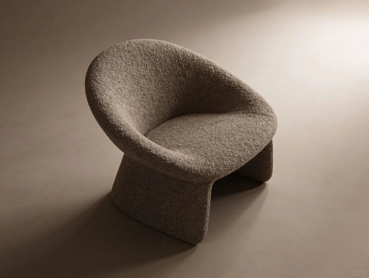 A minimalist beige armchair featuring an elegant modern design inside a neutral-toned room.