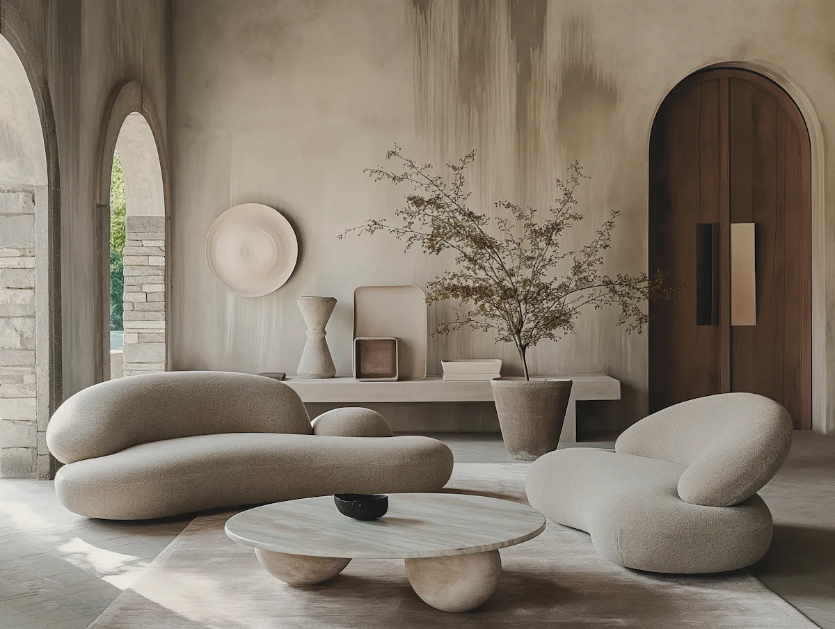 A modern-style living room featuring contemporary architectural elements, comfortable sofas, and warm natural lighting.
