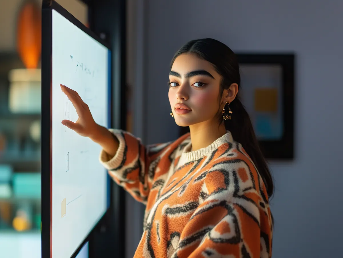 A young woman in a professional setting actively interacting with a large, transparent touchscreen display.