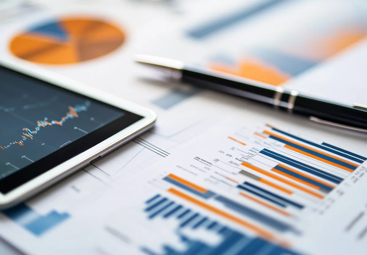 A top-down view of a focused financial analysis setup on a desk, with a tablet, a pen, and printed charts visible.