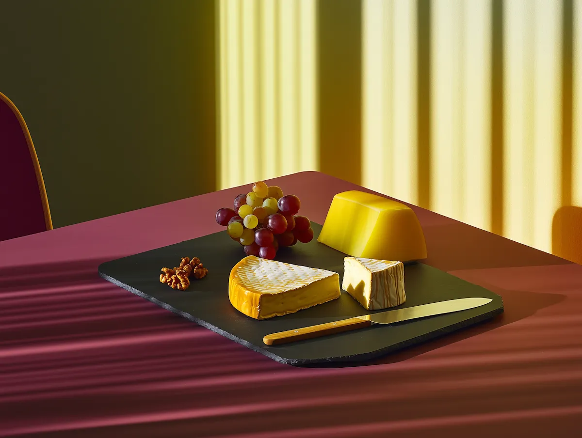 A colorful still life photograph of cheese and grapes, artfully composed on a table against a window.