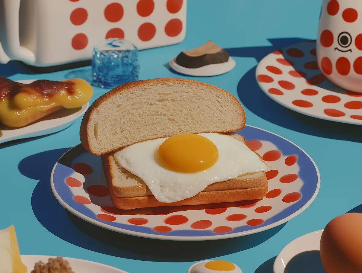A vibrant, stylized photograph of a breakfast scene featuring a piece of toast with a sunny-side-up egg.