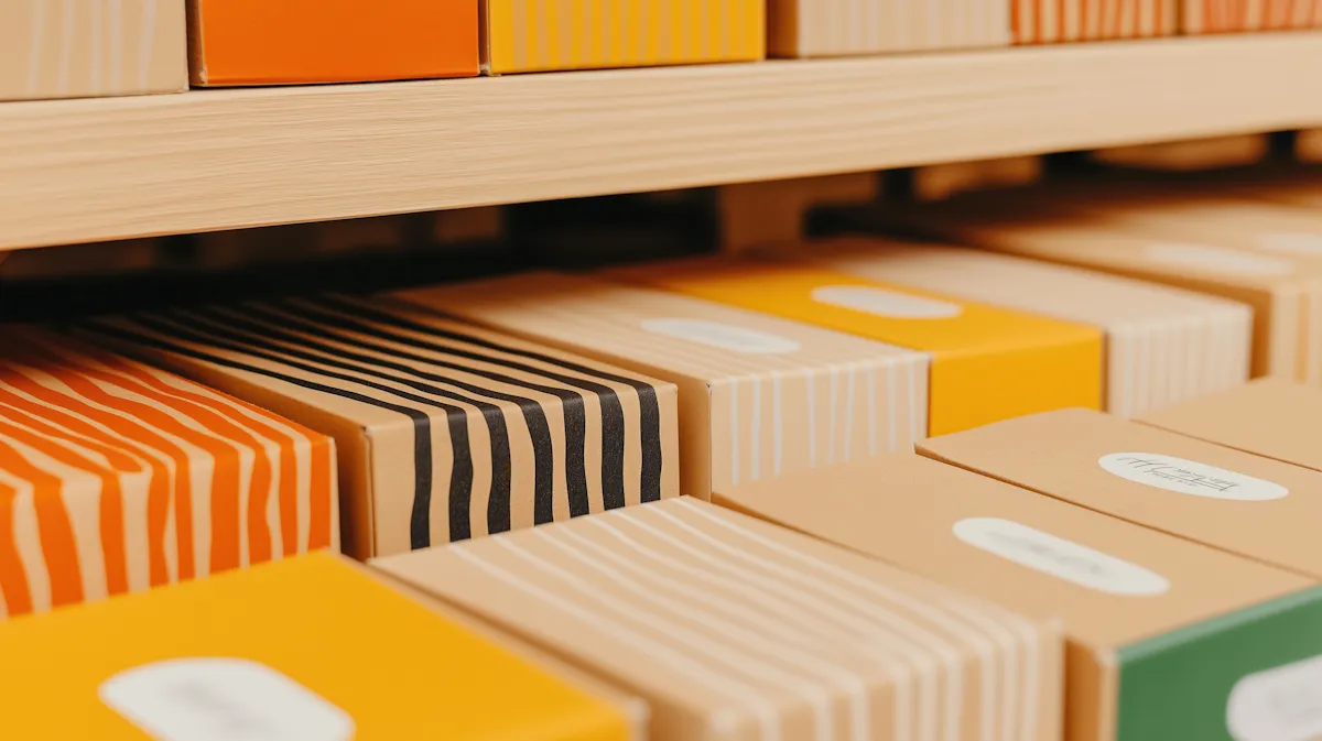 Elegant product packaging boxes neatly arranged on display shelves.