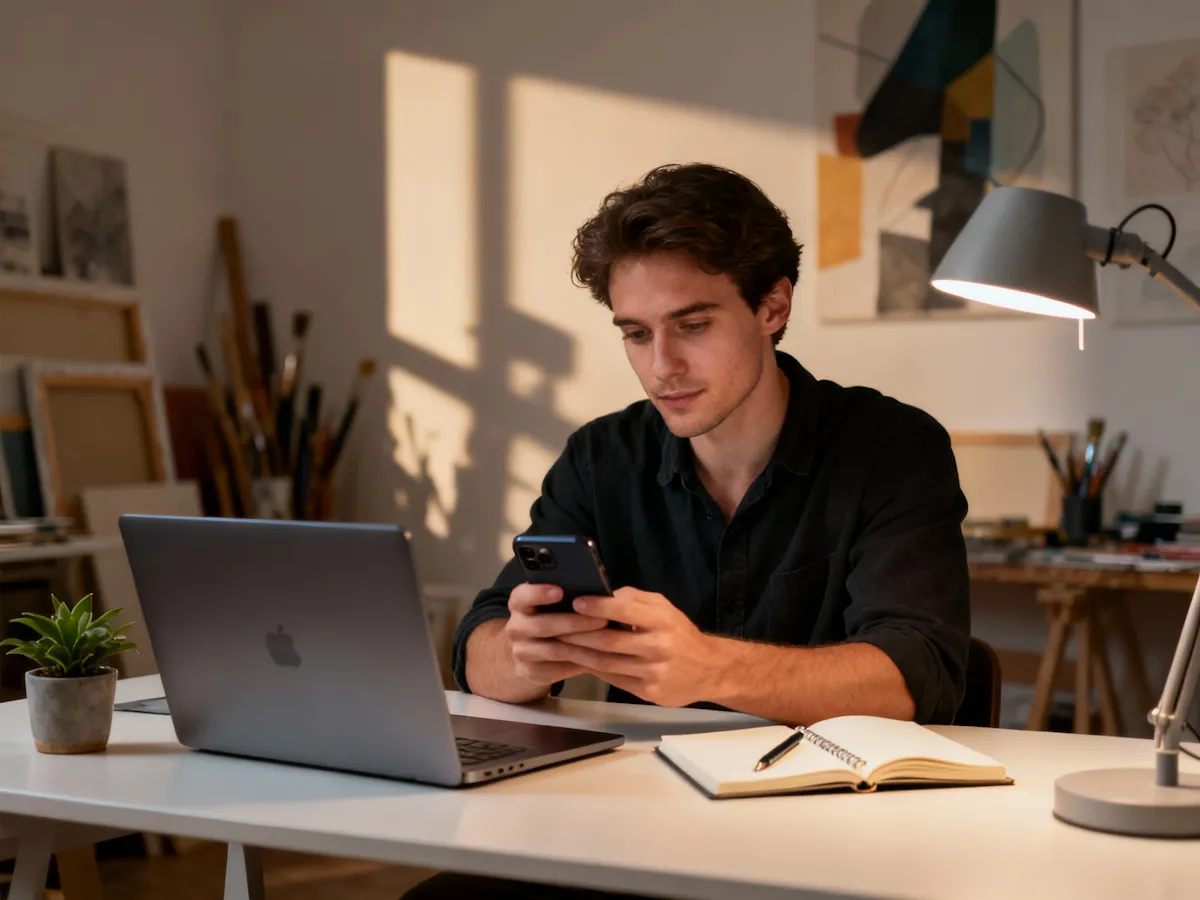 A professional focused on working with a laptop in a warm, creative workspace setting.