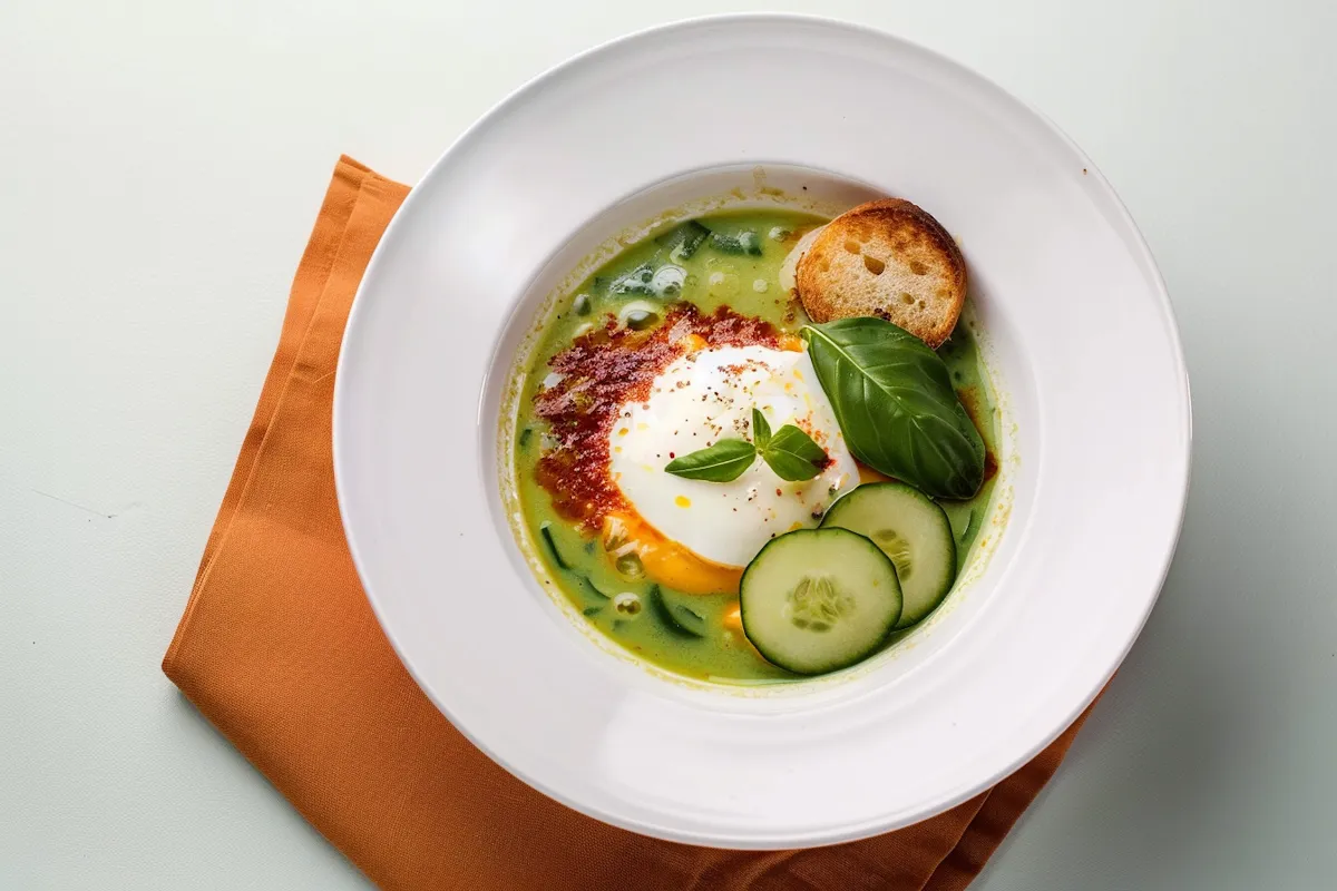 An elegant, overhead photograph of a gourmet poached egg dish on a white plate, served on a rust-colored napkin.