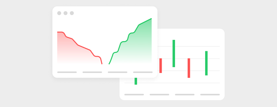 Two overlapping charts with red and green lines and bars representing data trends.