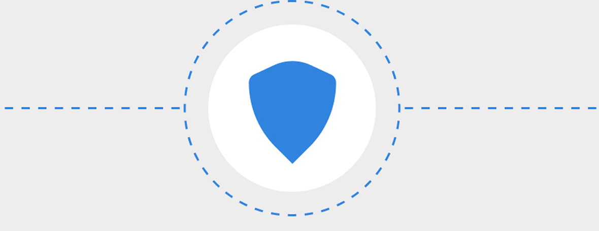 Blue shield icon within a white circle connected by dashed blue lines on a gray background.