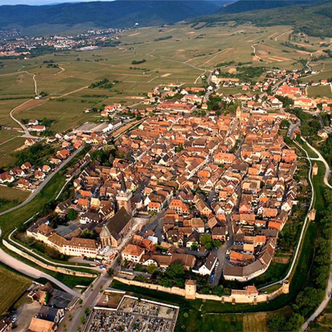Luftaufnahme einer historischen Stadt mit roten Ziegeldächern, umgeben von einer Stadtmauer und grüner Landschaft mit Feldern und Hügeln im Hintergrund.