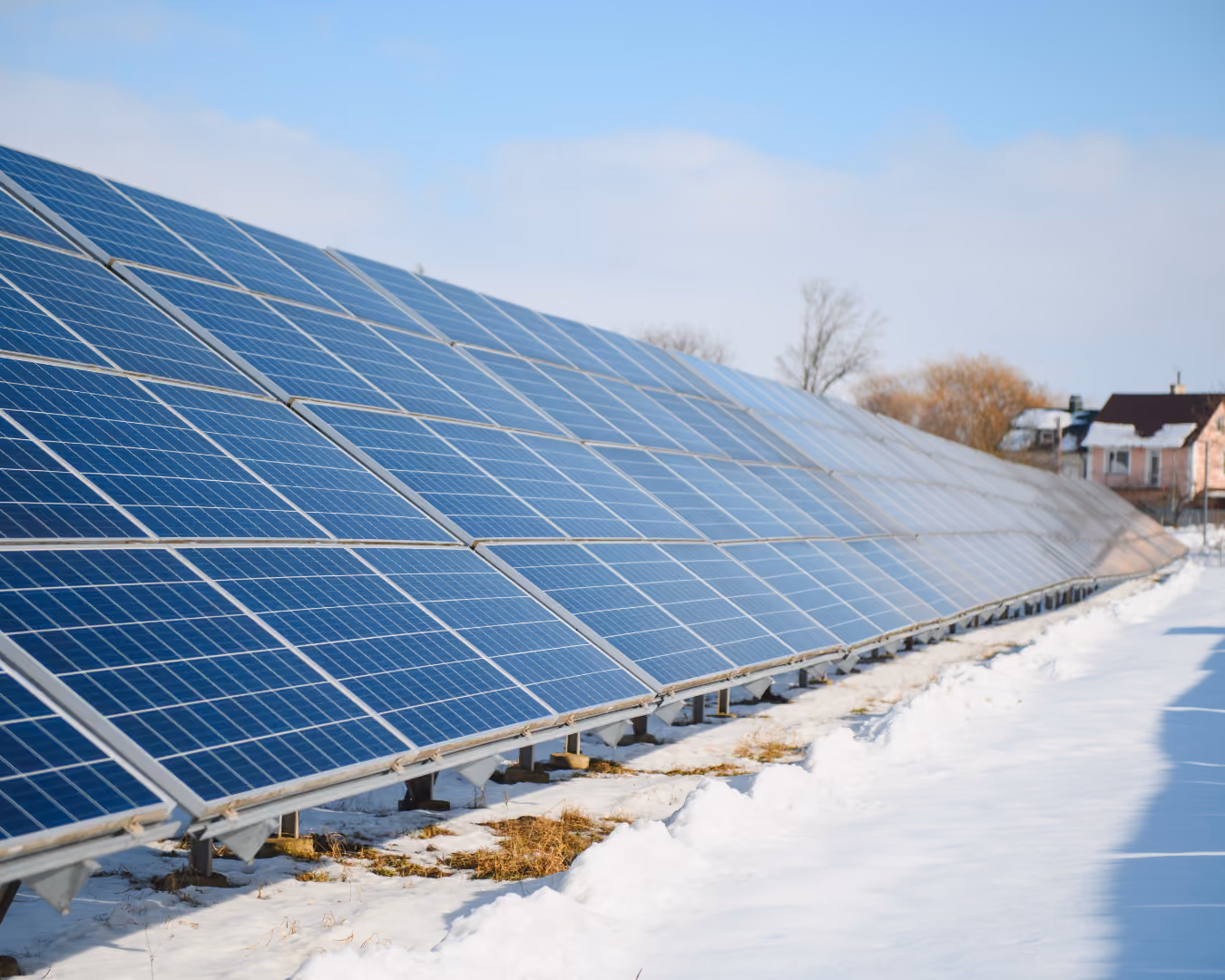 Reihe von Solarpanelen im Freien auf verschneitem Boden bei klarem Himmel, im Hintergrund Bäume und ein Haus.