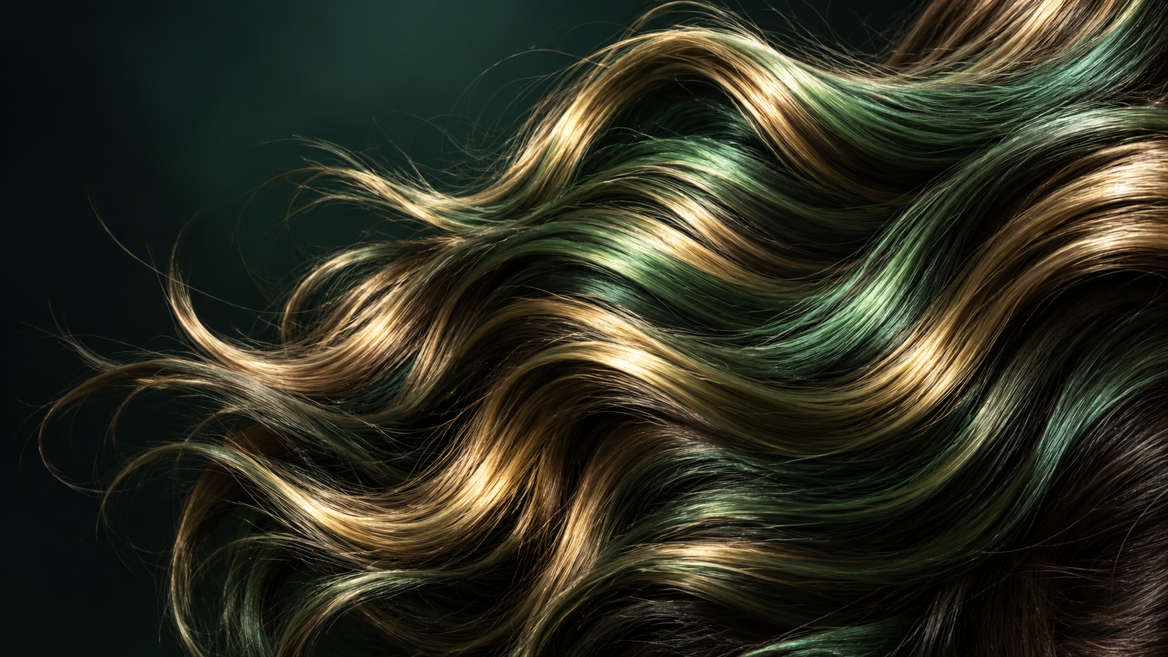 Flowing glossy hair with green and golden highlights