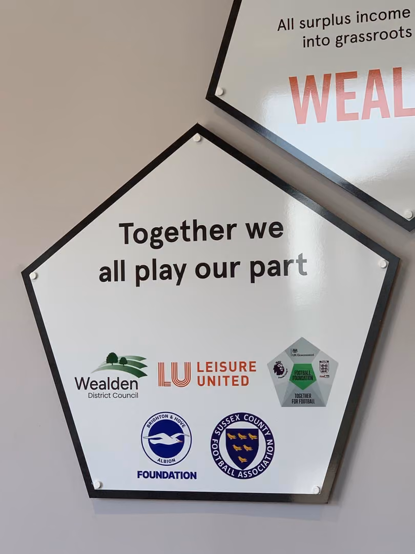 Pentagon-shaped sign reading "Together we all play our part" with organizational logos displaying community partnership commitment.
