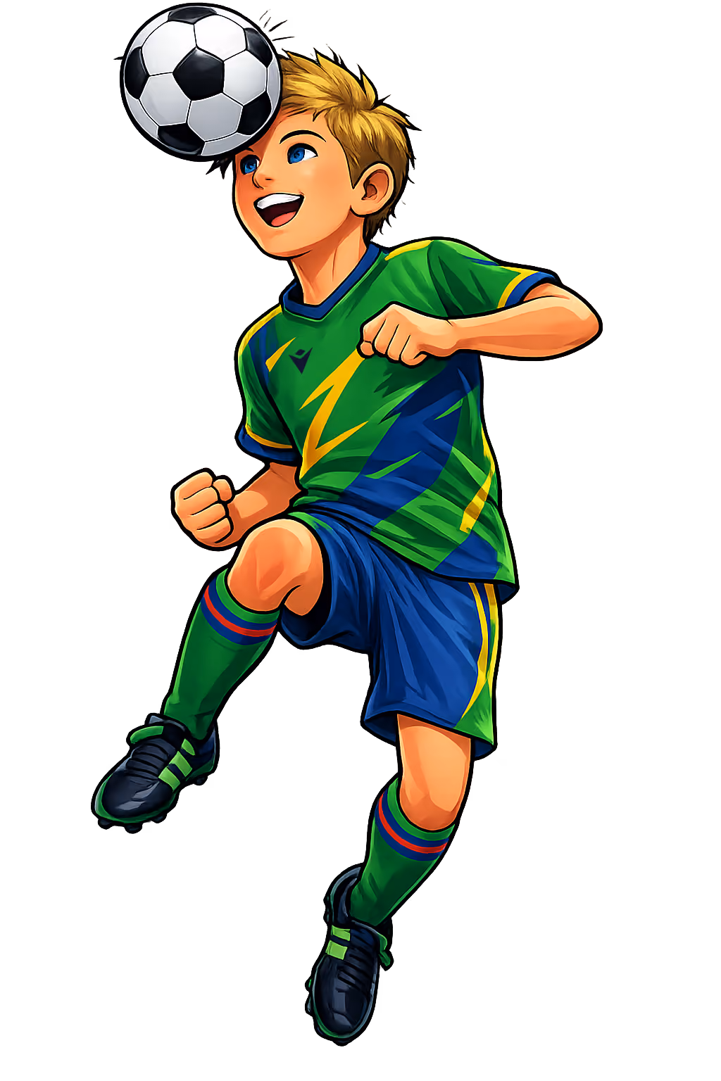 A cartoon boy in a green and blue soccer uniform jumps to head a black-and-white soccer ball.