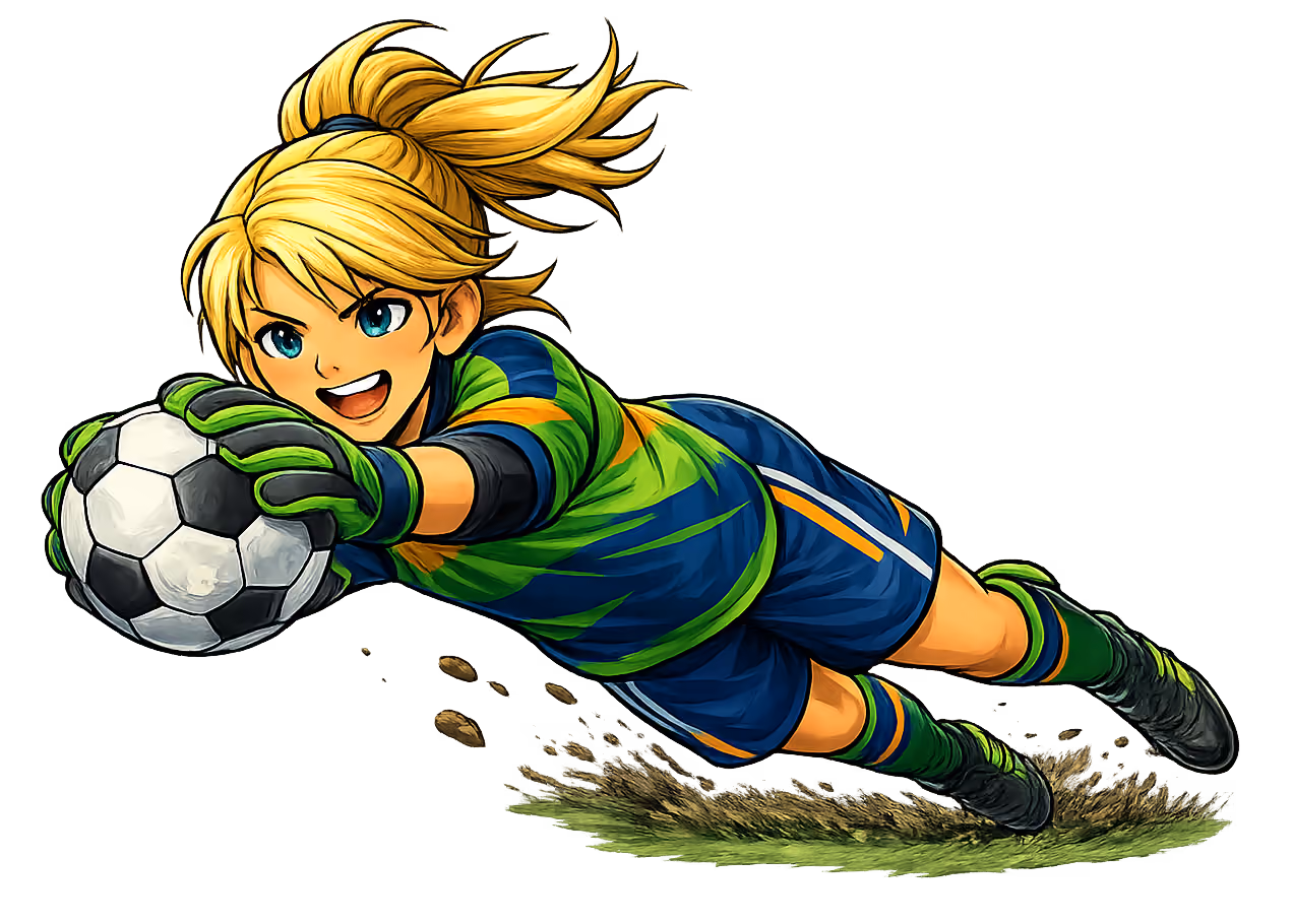 An anime-style soccer goalkeeper with blonde hair and a green uniform dives to catch a black-and-white ball on a grassy field.