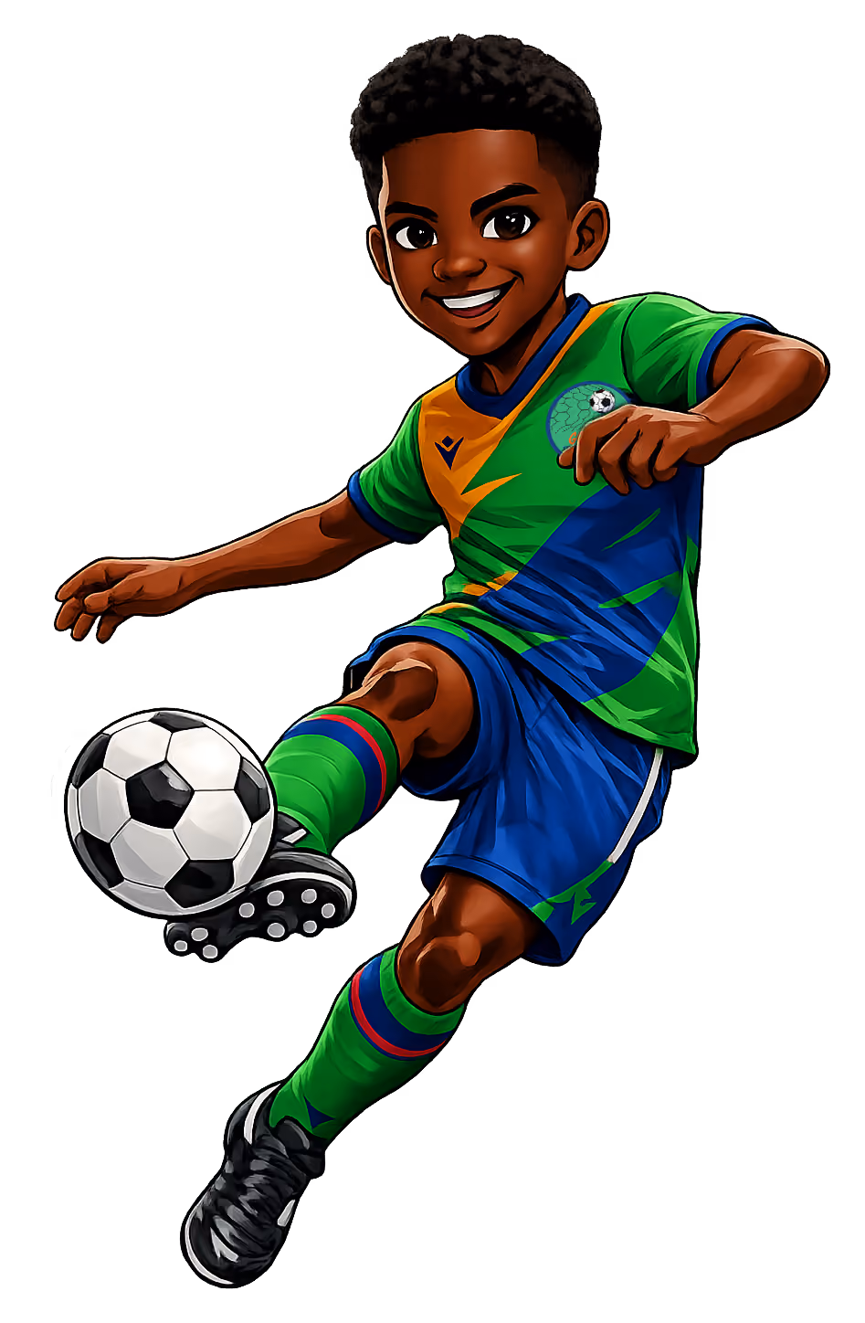 A young soccer player in a green and blue uniform kicks a black-and-white ball, with one side of his face shown as a neon green digital effect.
