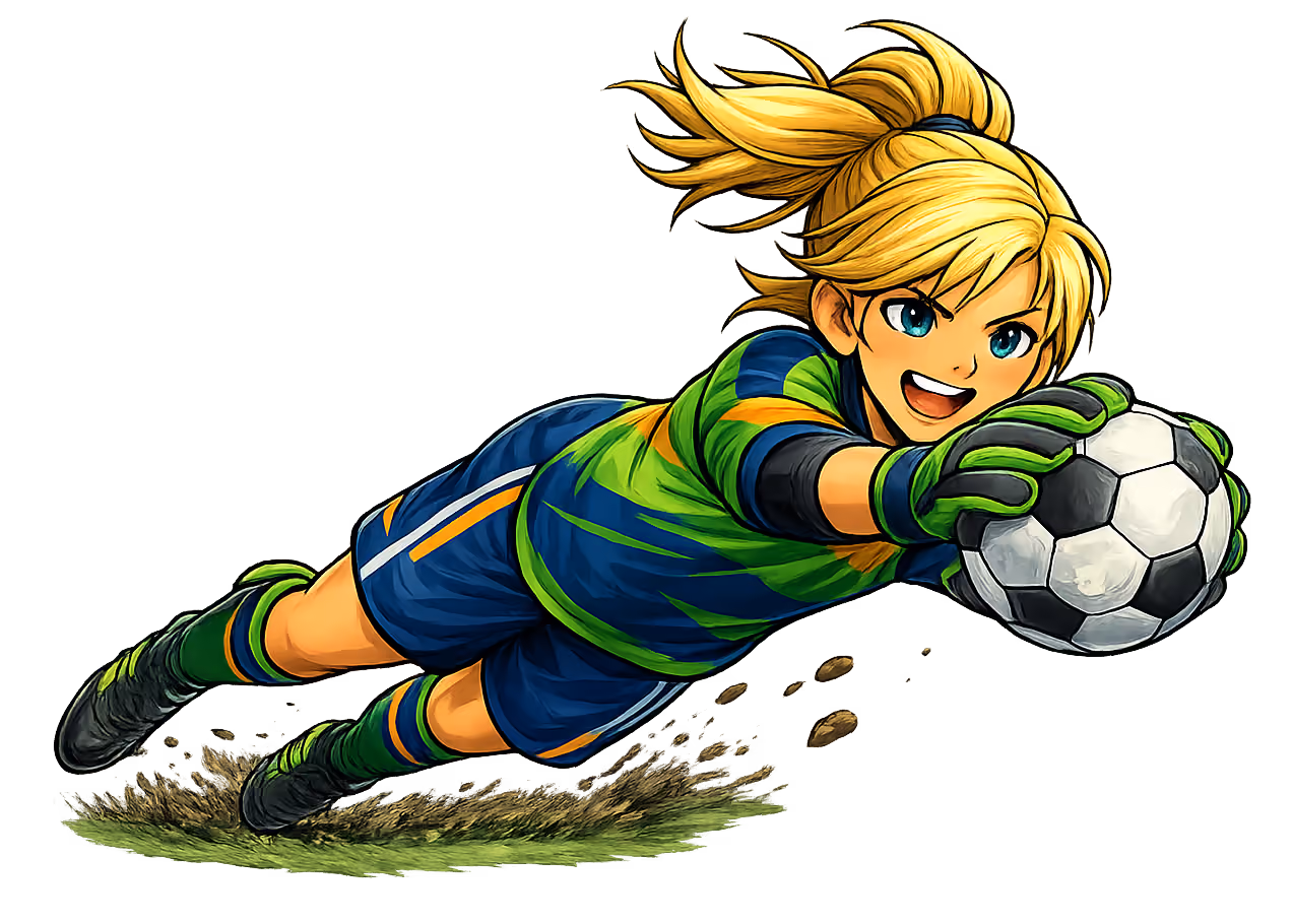 An illustrated blonde soccer goalkeeper in a green and blue uniform dives forward to catch a black-and-white ball, with green paint-like streaks trailing beneath her.