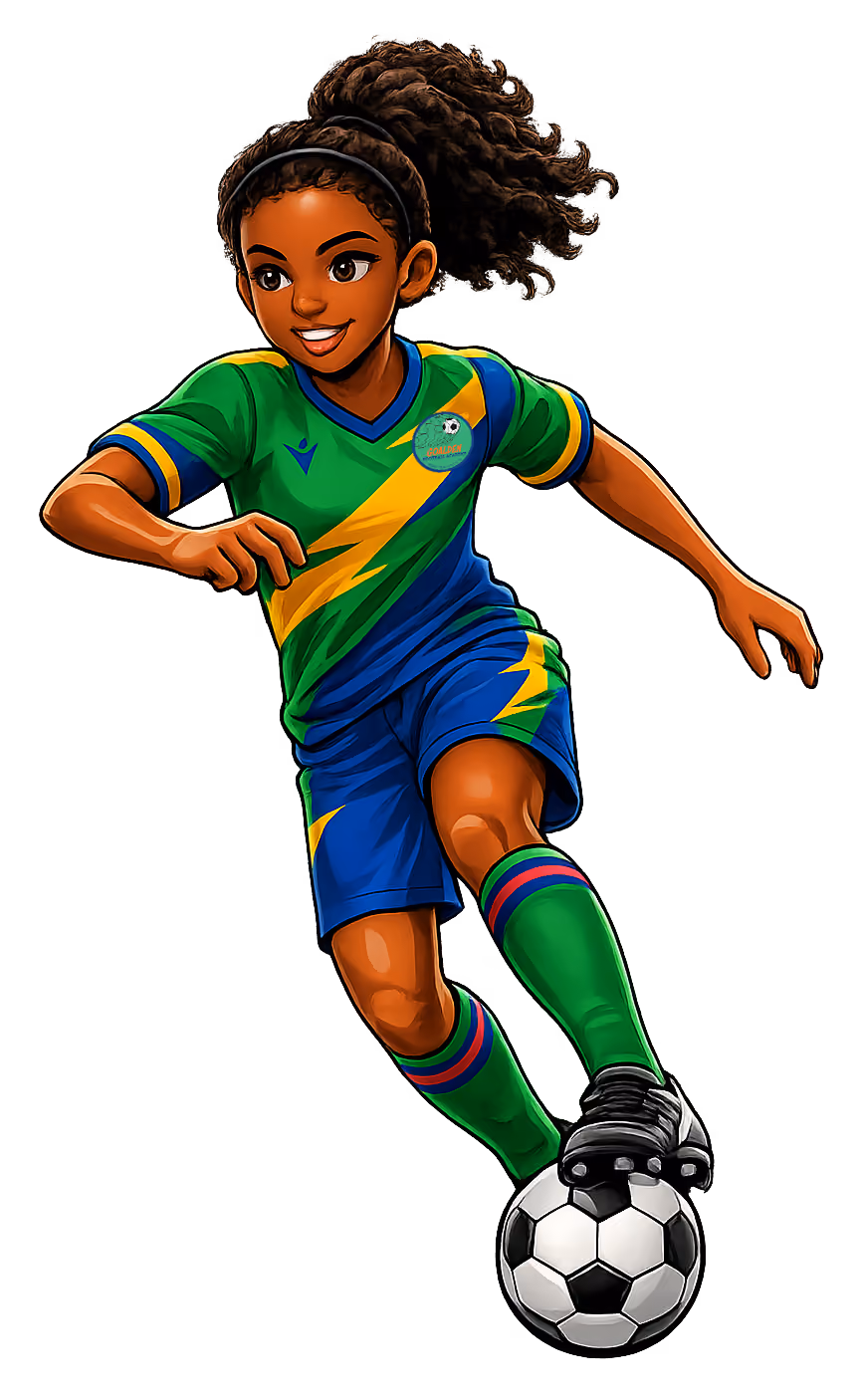 A young female soccer player in a green and blue uniform kicks a black-and-white ball.
