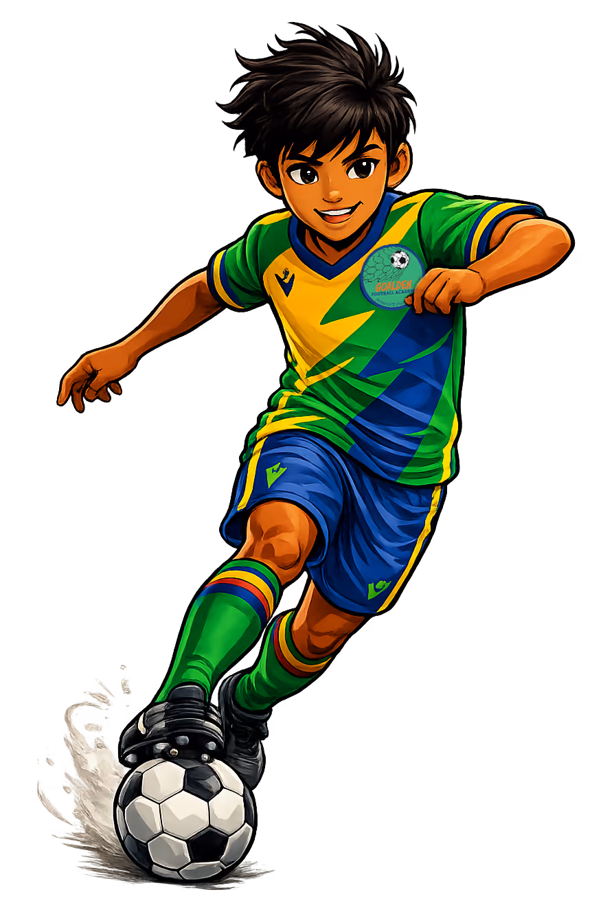 A young soccer player in a green and blue uniform kicks a black-and-white ball.