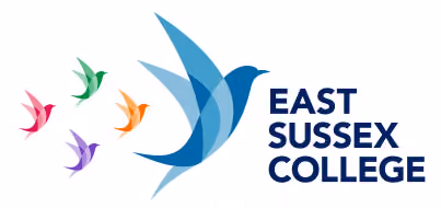 East Sussex College logo featuring colorful flying birds and blue text
