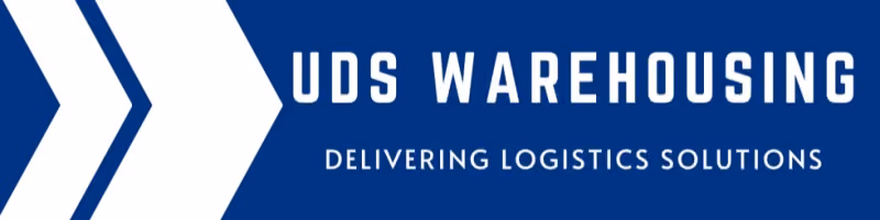 UDS Warehousing logo with white arrows and text on a blue background.