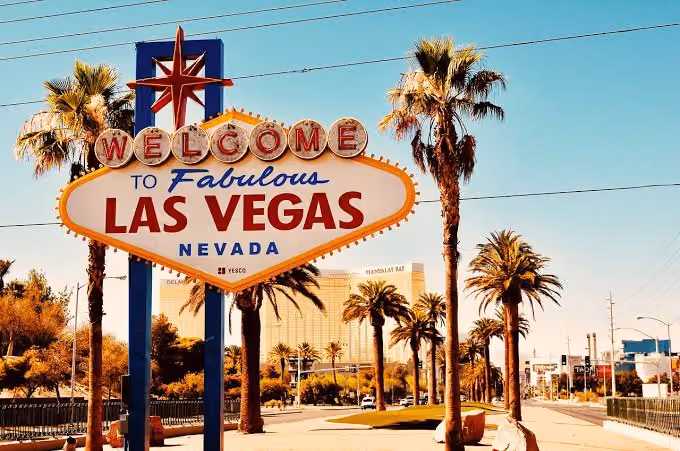 Welcome to Fabulous Las Vegas Nevada sign with palm trees and clear sky in the background.