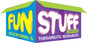 Colorful logo text: FUN Educational & Stuff Therapeutic Resources on a 3D box shape.