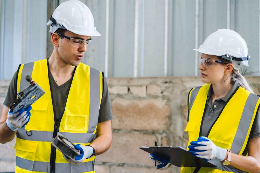Construction workers reviewing warehouse materials and inventory