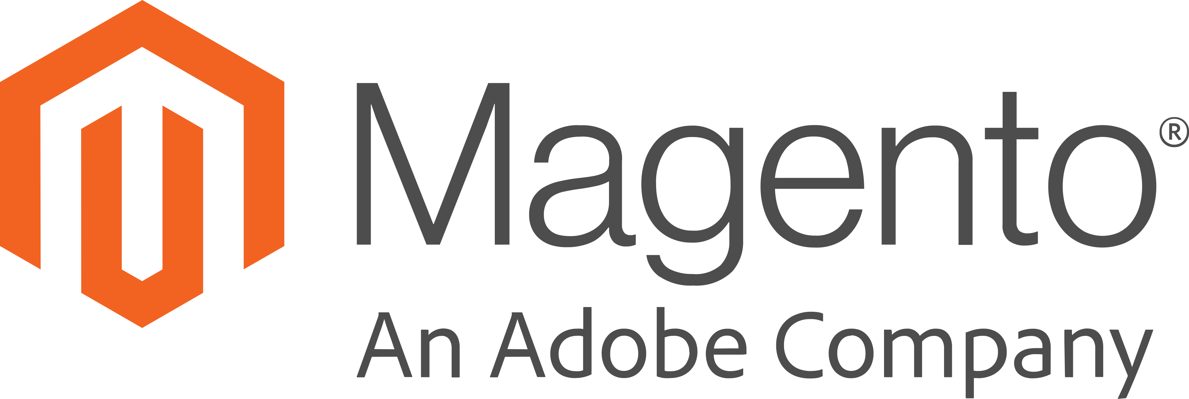 Magento logo with an orange geometric hexagon shape followed by the word Magento and the tagline An Adobe Company below it.
