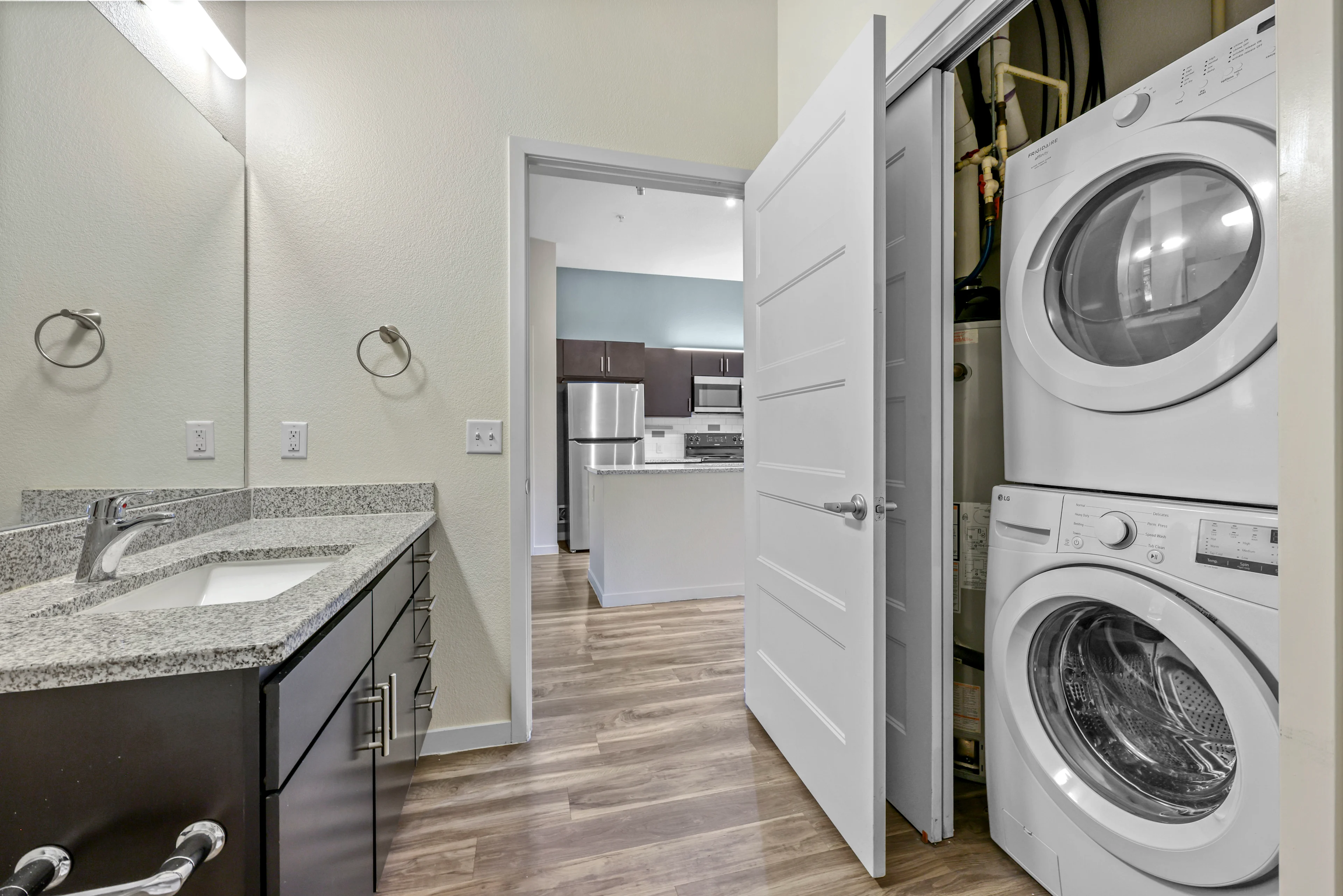 Washer and dryer stackable and bathroom combined
