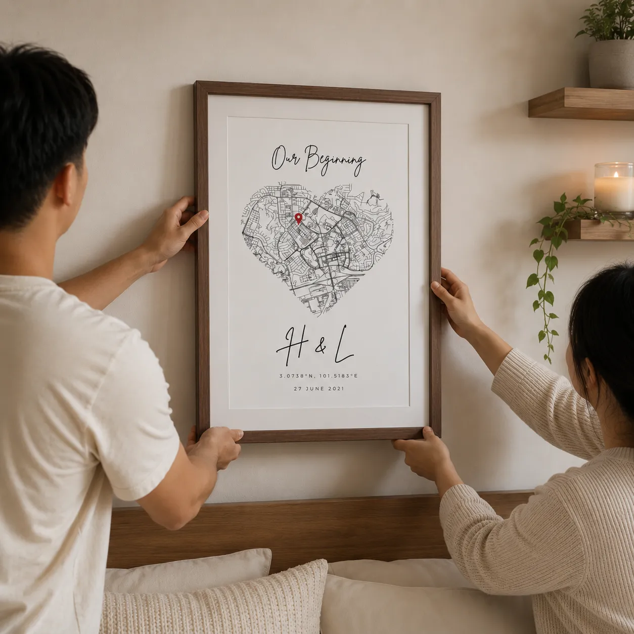 Couple hanging framed heart-shaped map print titled 'Our Beginning' above bed in cozy room.