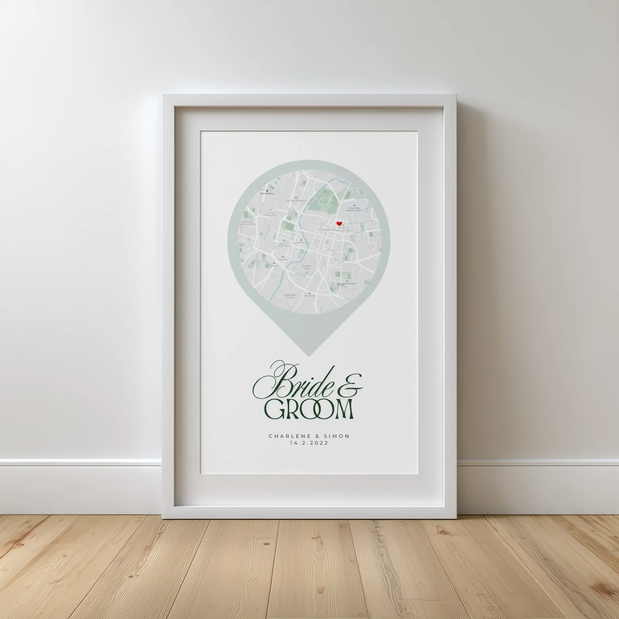 Framed wedding map print with location marker, heart, and text Bride & Groom, Charlene & Simon 14.2.2022.