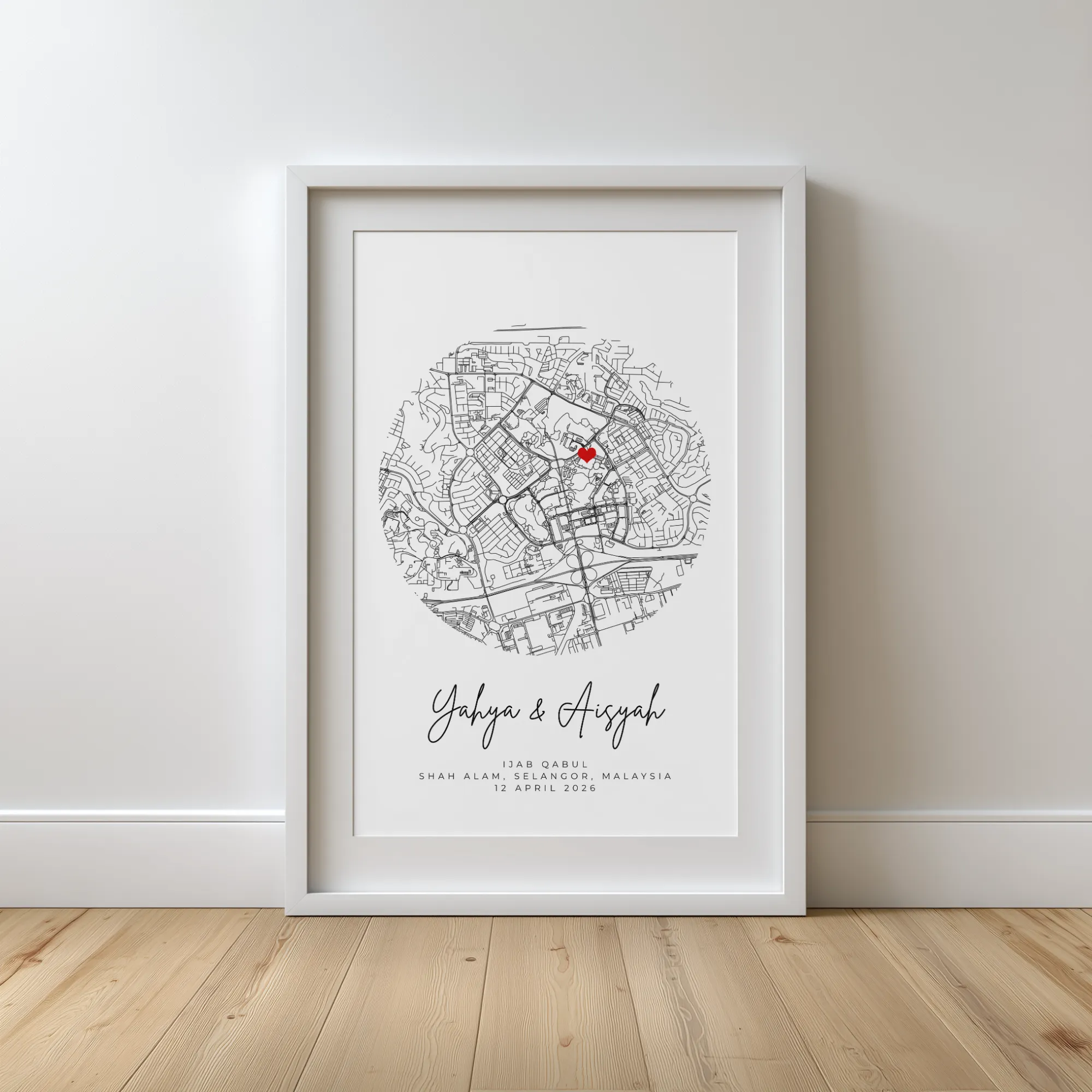 Framed map of Shah Alam, Malaysia, with a red heart marking a location and names Yahya & Aisyah below.