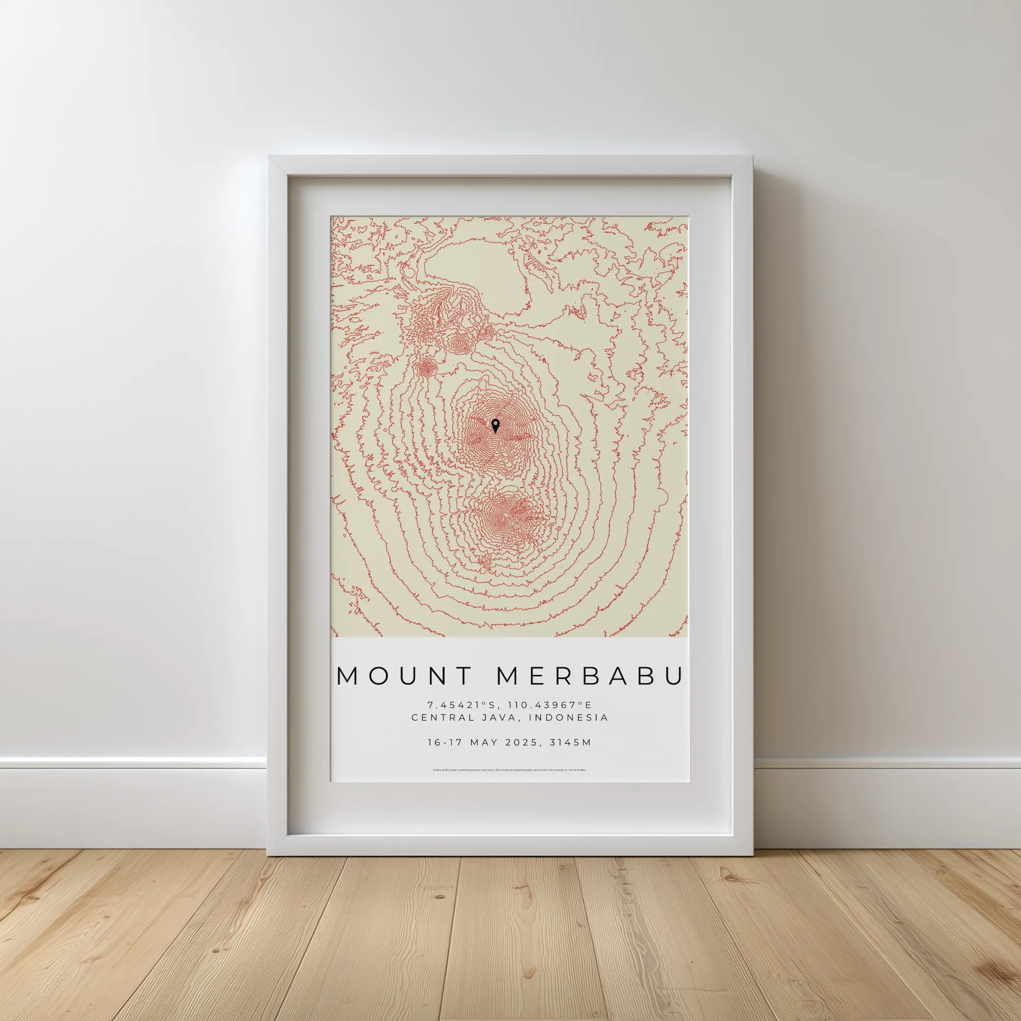 Framed contour map of Mount Merbabu in Central Java with coordinates and date details below.