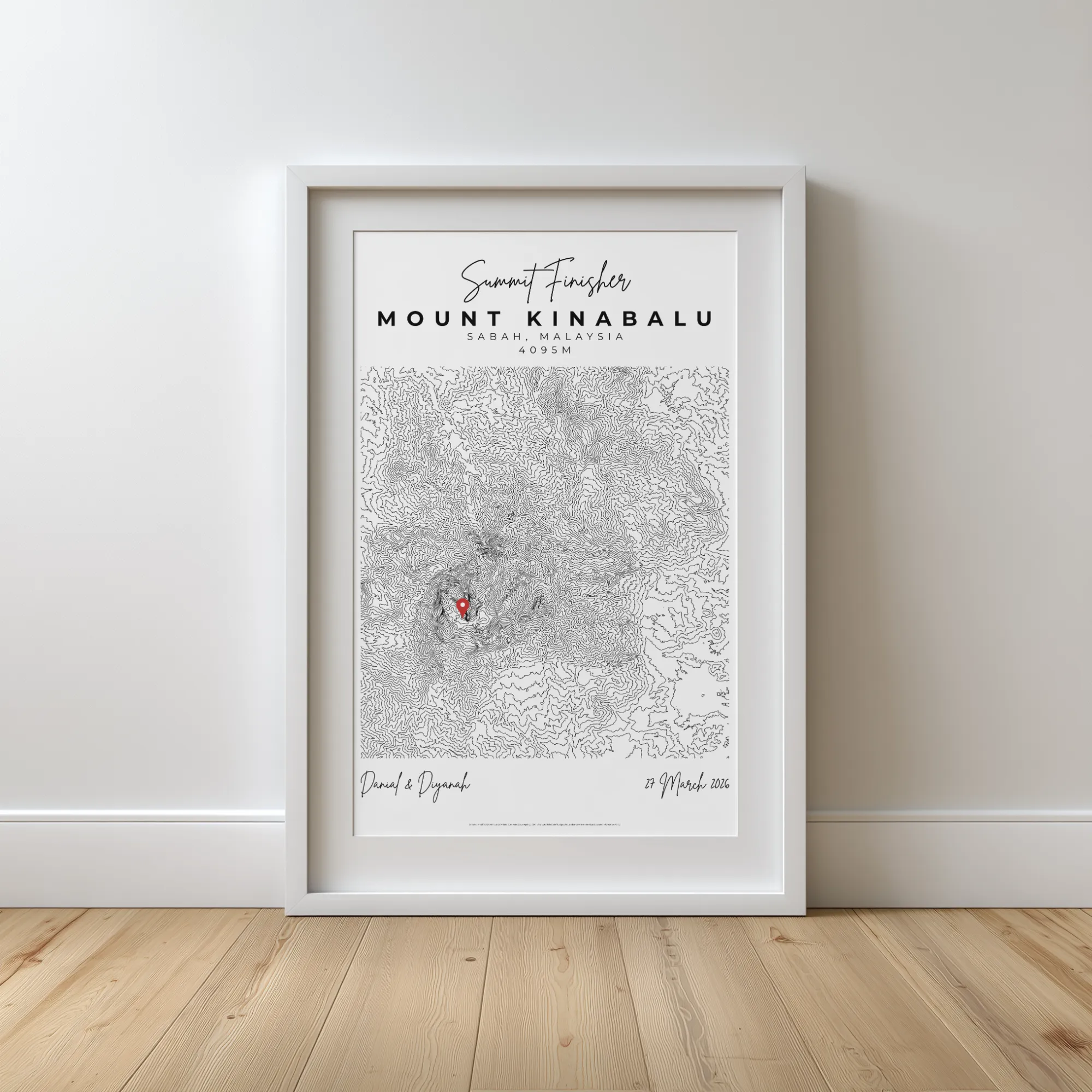 Framed topographic map of Mount Kinabalu, Sabah, Malaysia, marked with a red location pin.