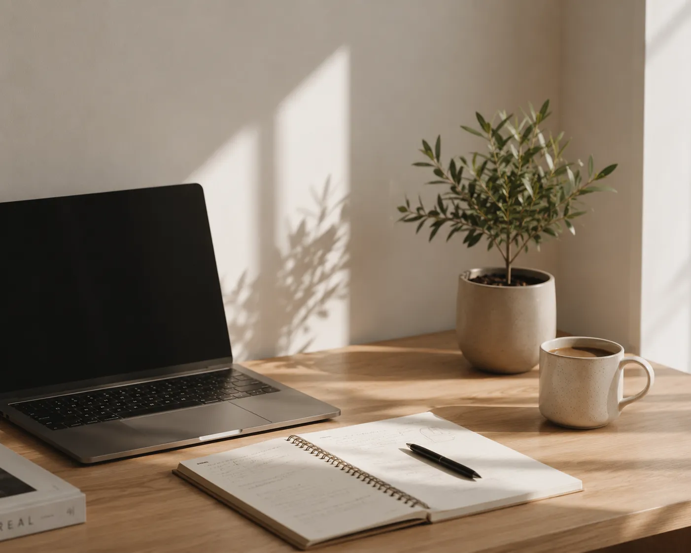 Workspace with closed laptop, open notebook and pen, potted plant, and coffee cup on wooden desk.