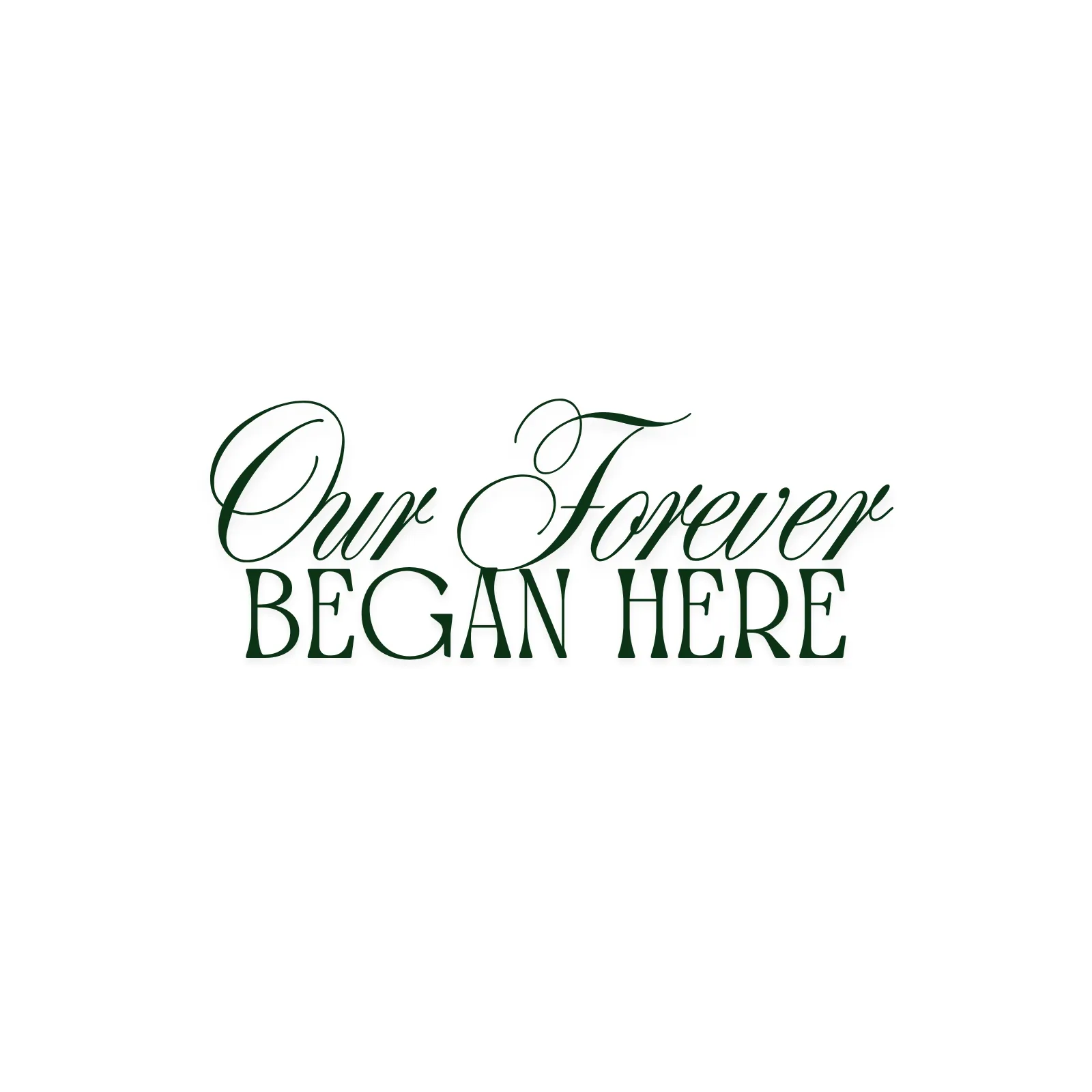 Text in decorative script reading 'Our Forever Began Here' on plain white background.
